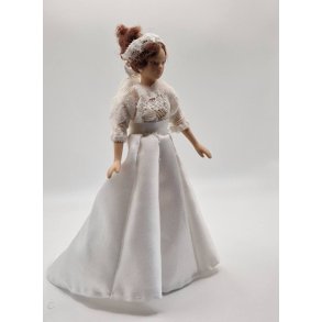 Brud i hndlavet brudekjole og hrpynt inkl stativ (ny/hndlavet) scala 1:12 14,5 cm
