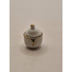 Sukkerskl porceln med grnt mnster og guld kant (ny)