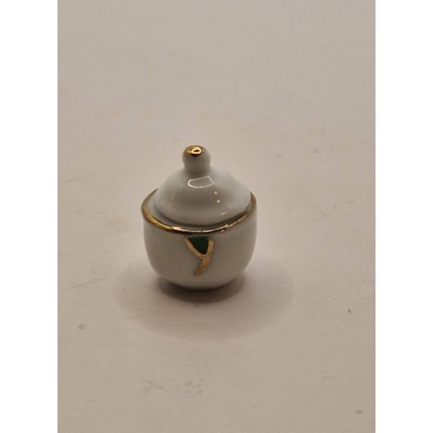 Sukkerskl porceln med grnt mnster og guld kant (ny)
