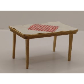 Bord i tr med papirs dug. Lundby (vintage/lidt defekt)