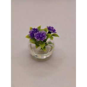 Akvarie i glas, med lilla blomster (brugt/som nyt) 1:12/1:16