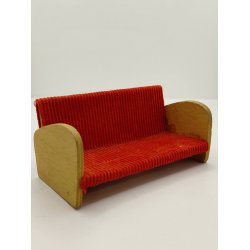 Lav sofa i tr� med r�d fl�jl (vintage) 1:12/1:16