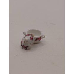 Hvidt stel med blomster Sk�l med l�g i porcel�n (brugt/som ny) 1:12