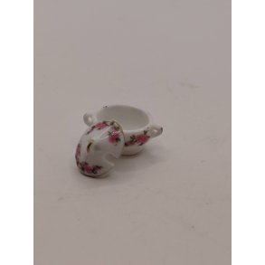 Hvidt stel med blomster Sk�l med l�g i porcel�n (brugt/som ny) 1:12