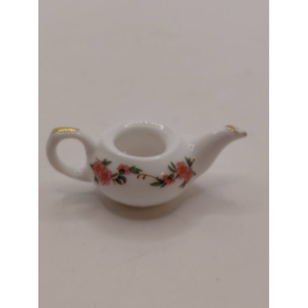 Hvidt stel med blomster Te kande UDEN l�g i porcel�n (brugt/som ny) 1:12