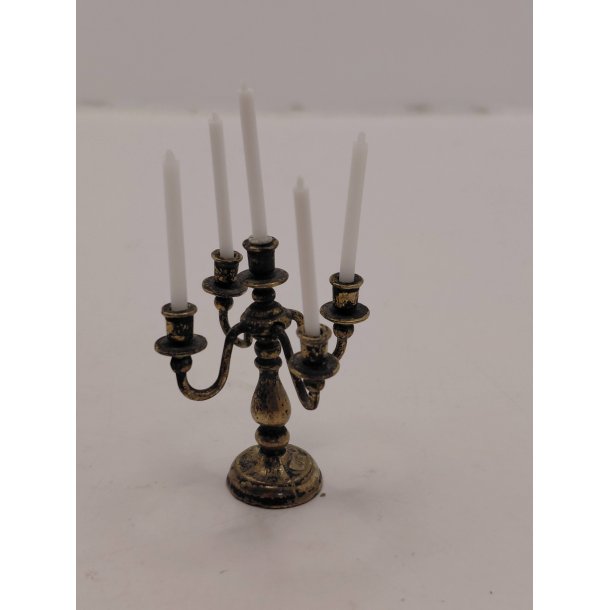 Kandelaber/5 armet lysestage i metal inkl lys (antik) 1:12