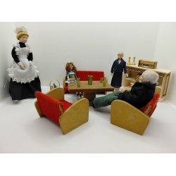 Lav sofa i tr� med r�d fl�jl (vintage) 1:12/1:16