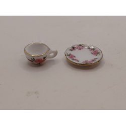 Hvidt stel med lyser�de blomster Lille fad i porcel�n (brugt/som ny) 1:12