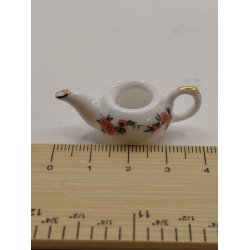 Hvidt stel med blomster Te kande UDEN l�g i porcel�n (brugt/som ny) 1:12